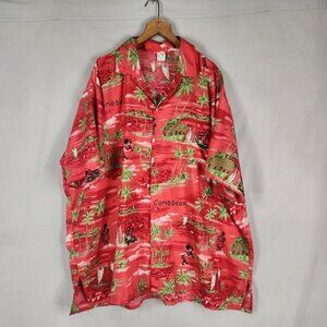 Caribbean Tropical Button Up Shirt Men's XXL Red Island Vacation Beach Travel